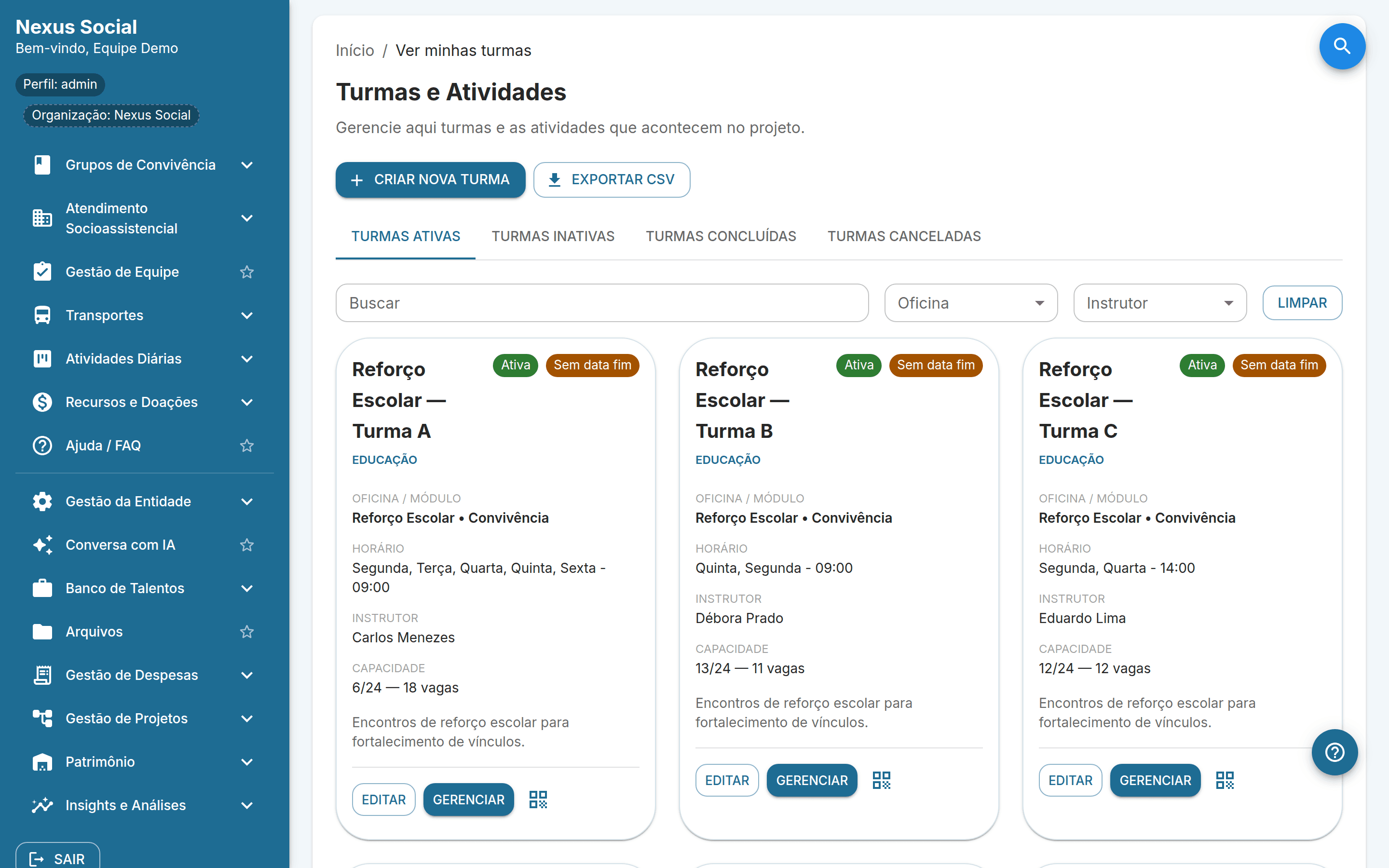 Turmas do Nexus Social em cartões, com oficina, horário, instrutor e vagas ocupadas.