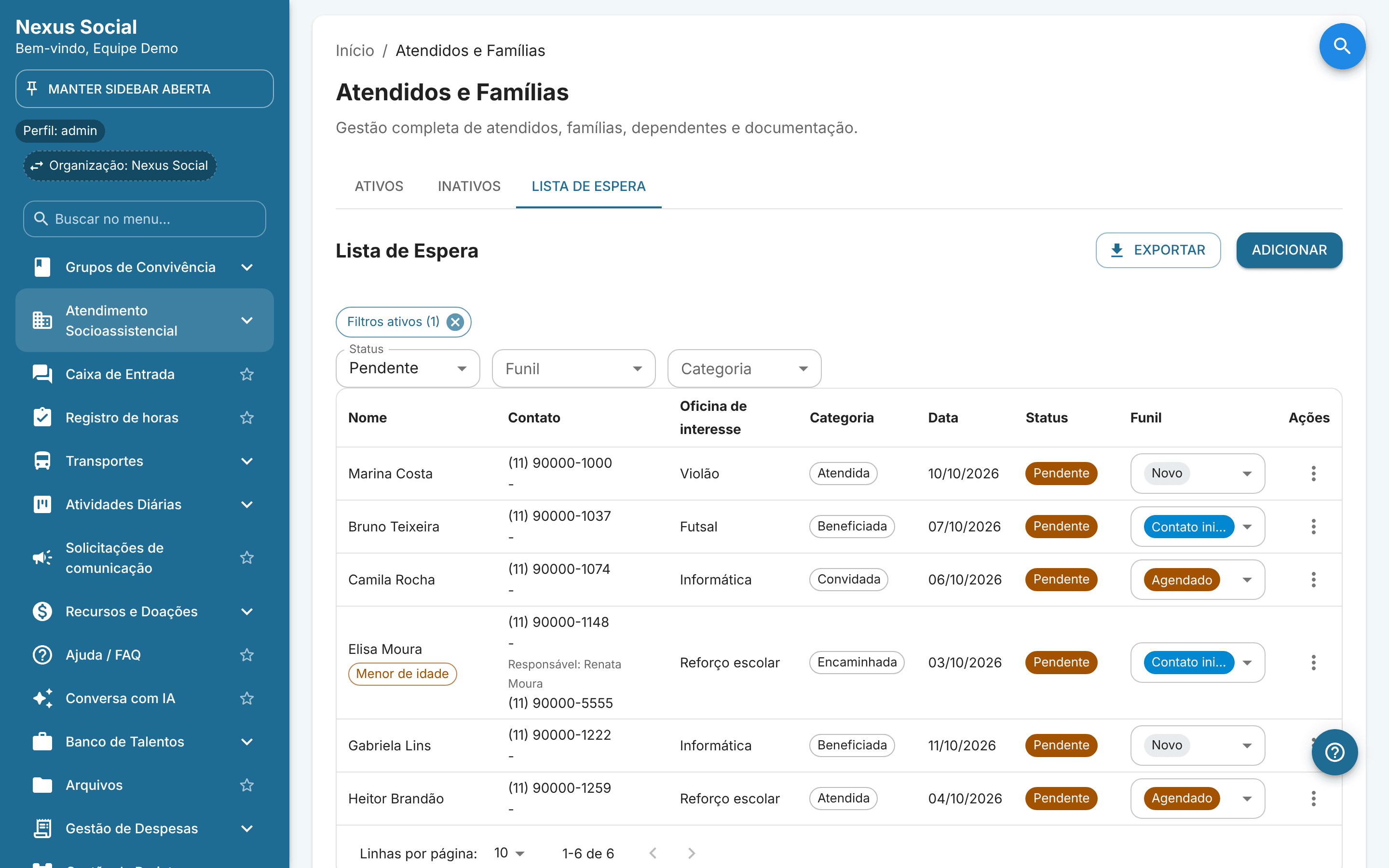 Aba Lista de Espera da tela Atendidos e Famílias do Nexus Social, com botões Exportar e Adicionar, filtros de status, funil e categoria e tabela de inscrições com nome, contato, oficina de interesse, categoria, data, status pendente e etapa do funil, incluindo um aviso de menor de idade