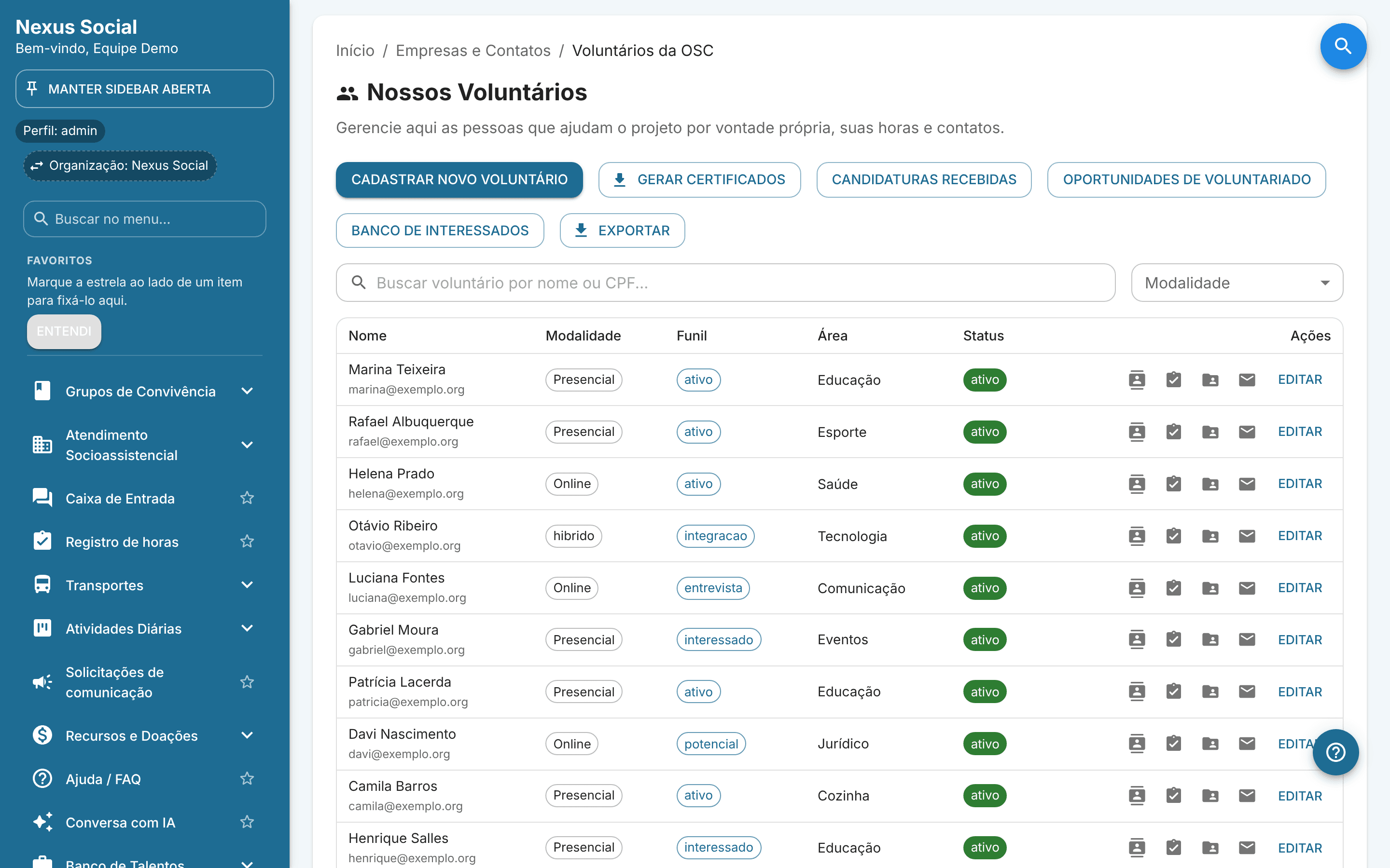 Tela Nossos Voluntários do Nexus Social com botões de candidaturas, oportunidades e exportação e uma lista de voluntários com modalidade, etapa do funil, área e status